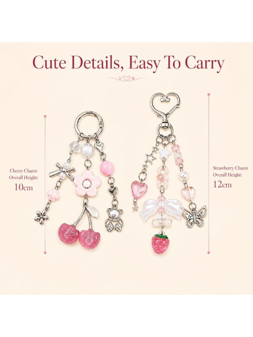 Women's Pink Cherry Strawberry Bag Charm And Keychain Korean-style Large Flower, - Picture 3 of 7